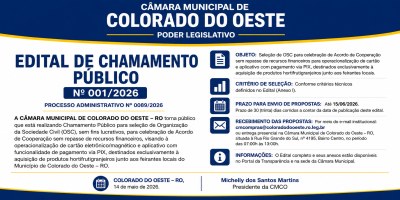 Câmara Municipal de Colorado do Oeste lança Edital de Chamamento Público nº 001/2026