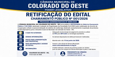 Retificação do Edital de Chamamento Público Nº 001/2026 Da Câmara Municipal de Colorado do Oeste