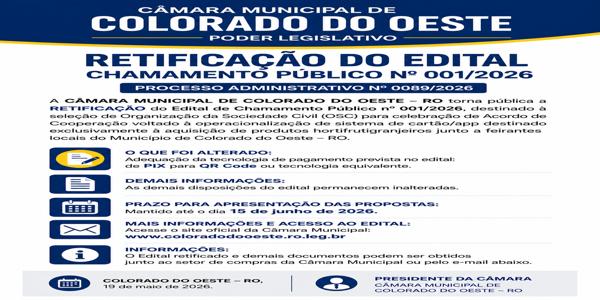 Retificação do Edital de Chamamento Público Nº 001/2026 Da Câmara Municipal de Colorado do Oeste